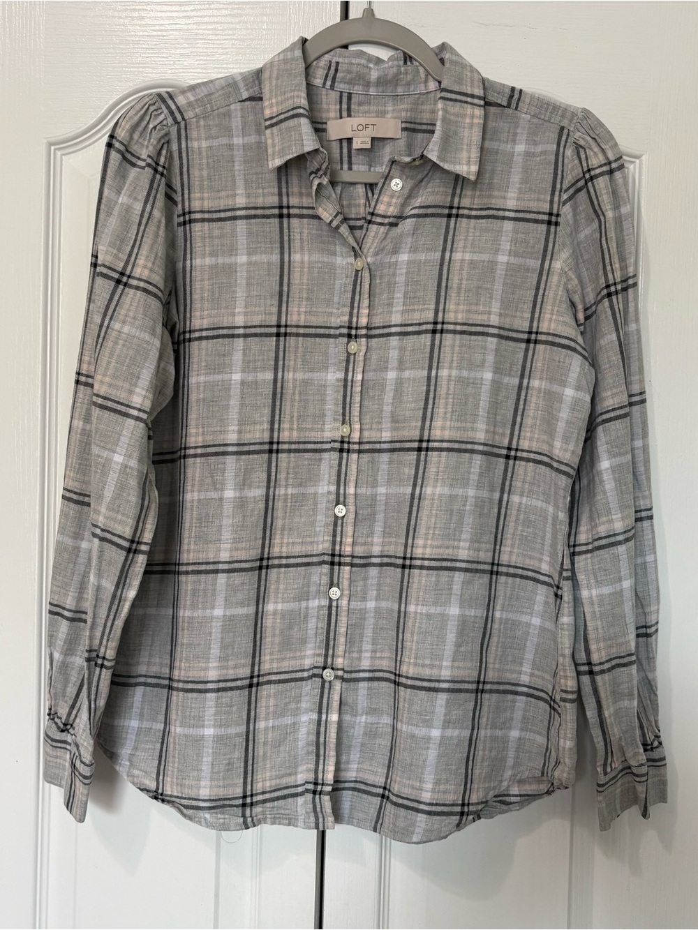LOFT Gray Plaid Button-Down 100% Cotton Shirt Women’s Size Small
